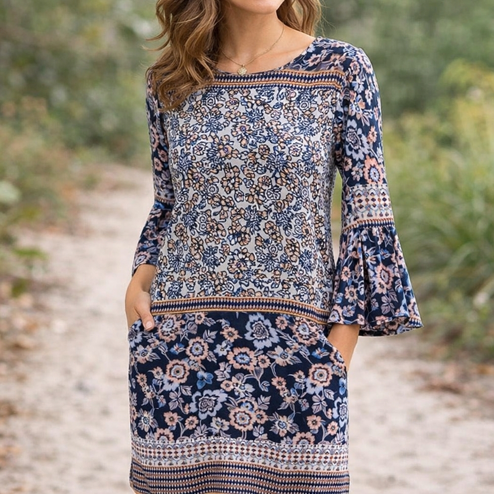 Westport 1962 XL Floral Bell Sleeve Boho Midi Dress Navy Blue White Pockets